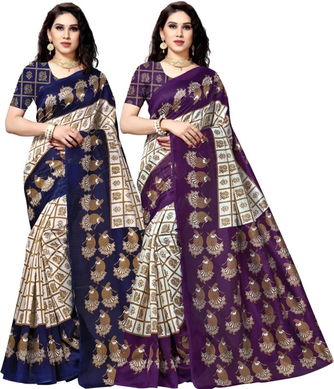 Anand Printed Daily Wear Silk Blend Saree(Pack of 2, Purple, Dark Blue)