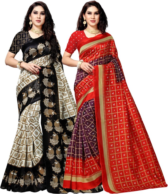 Anand Printed Daily Wear Silk Blend Saree(Pack of 2, Red, Black)