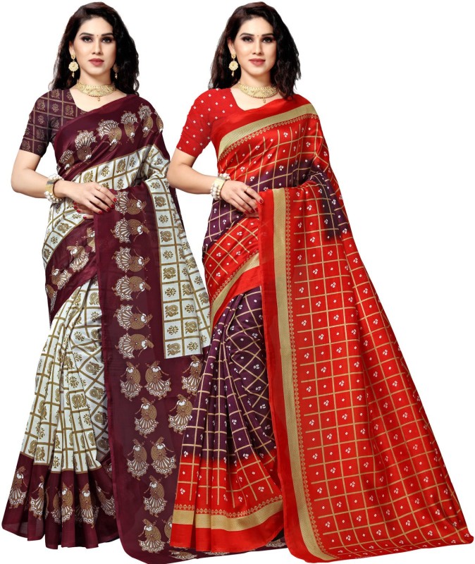 Anand Printed Daily Wear Silk Blend Saree(Pack of 2, Red, Brown)