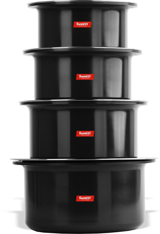 Sumeet 3mm Thick Hard Anodised Large Size Tope Set of 4Pc with S.S. Lid Size No.15 (3.50LTR), No. 16 (4.250 LTR), No. 17 (5 LTR), No. 18 (6 LTR) Cookware Set(Aluminium, 8 - Piece)