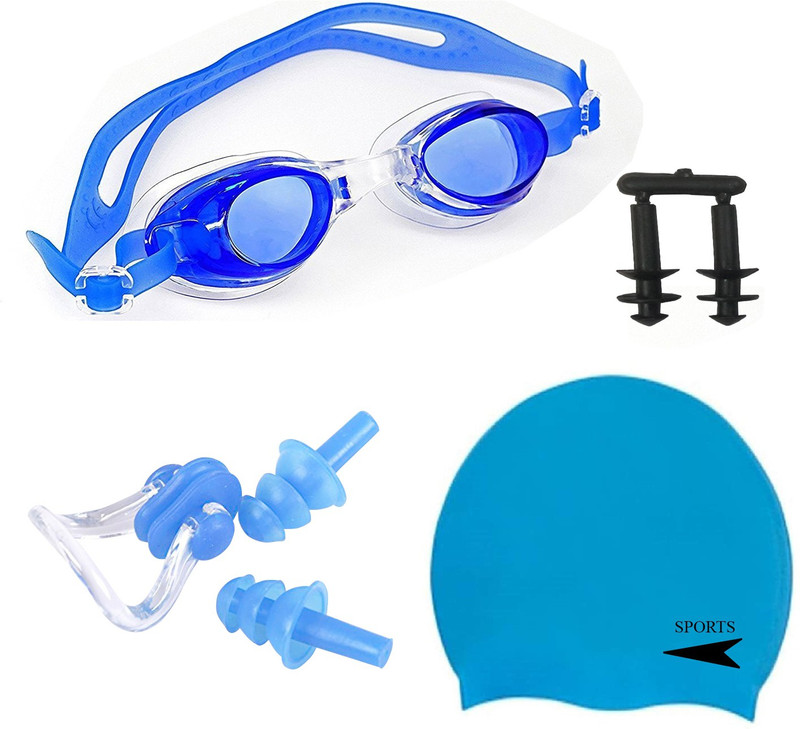 Innayat Unisex Swimming Set Cap, Goggle, Ear Plug & Nose Clip Swimming Kit (Combo-3) Swimming Kit