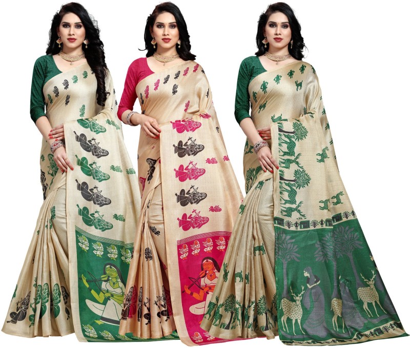 Anand Printed Mysore Khadi Silk Saree(Pack of 3, Green, Pink)
