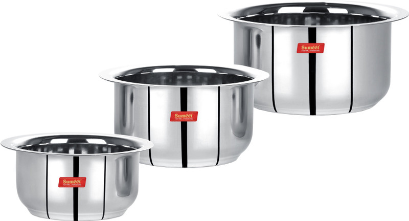 Sumeet Stainless Steel Mini Size Flat Bottom Induction & Gas Stove Friendly Tope / Patila / Cookware Set of 3Pcs (370ML, 550ML, 800ML) Induction Bottom Cookware Set(Stainless Steel, 3 - Piece)