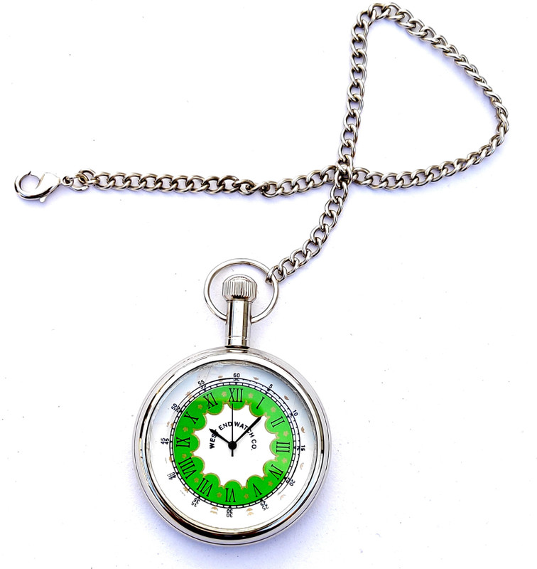 k.v handicrafts Antique Indian Look Pocket Watch with Long Chain West End Watch Co. Beautiful Dial Green kvh00024 Nikle Brass Pocket Watch Chain