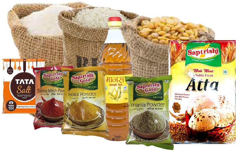 Saptrishi Grocery Combo of Atta/Spices/Oil Combo(Saptarishi Chakki Fresh Atta - 5 Kg|, Manas/ Anupam Mustard Oil - 1 Litre|, (Toor/ Arhar Daal ; Daily Use Rice; Sugar &amp; Tata Salt ) -