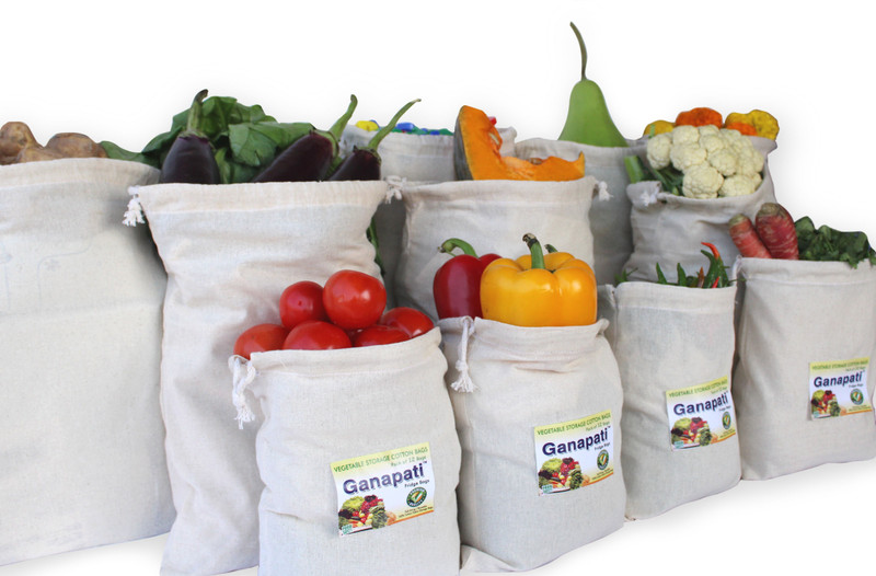 Ganapati Fridge 100% Cotton Bag for Vegetables & Fruits Storage Organizer Reusable Multipurpose Washable Eco-Friendly Premium Quality Grocery Bag ( 6 Large and 4 Medium Size bag) Pack of 10 Grocery Bags(Beige)