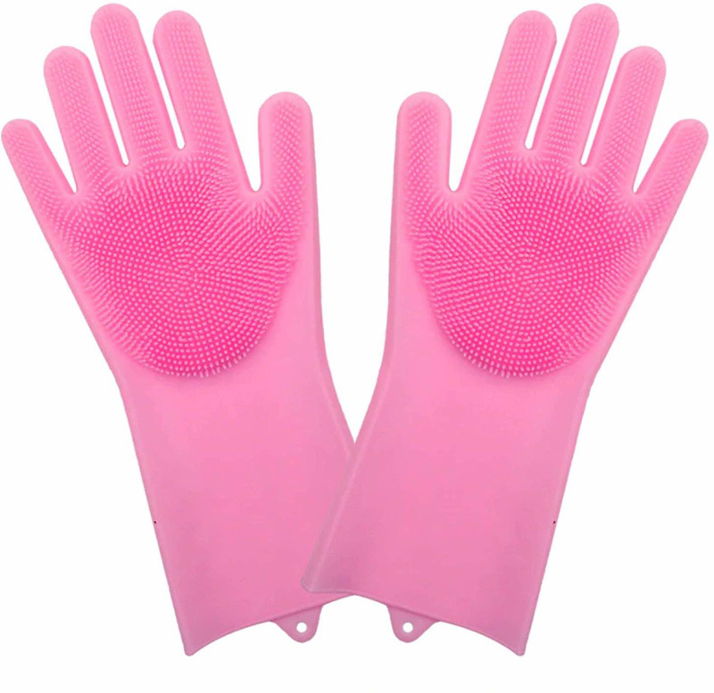 Dharmsut Enterprise Magic Silicone Latex-Free Scrub Cleaning Gloves with Scrubber for Dishwashing and Pet Grooming (Multicolour, 1 Pair) Grooming Gloves for Dog(Pink, Medium)