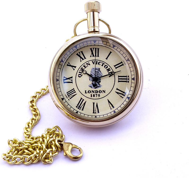 k.v handicrafts Queen Viria Dial - Aque Indian Look Gold Finish Gandhi Watch/Pocket Watch with Long Chain kvh00040 Brass Finish Brass Pocket Watch Chain