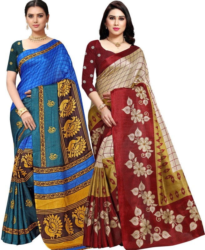 Anand Printed Daily Wear Khadi Silk Saree(Pack of 2, Red, Blue, Beige)