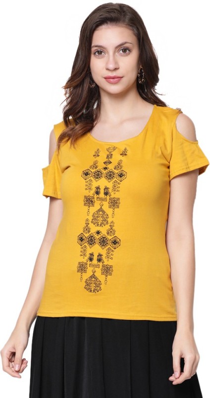 V2 Retail Limited Casual Cold Shoulder Embroidered Women Yellow Top
