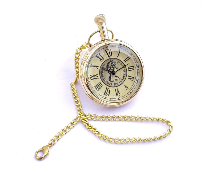 k.v handicrafts Replica Antique Queen Elizabeth The Second Dial - Indian Look Gandhi Watch / Pocket Watch with Long Chain By- K V Handicraft KVH-0096 Brass Finish Brass Pocket Watch Chain