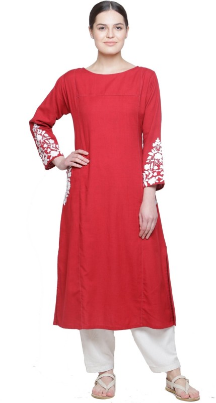 The Pink Tint Store By Kaanshi Women Embroidered Straight Kurta(Red)