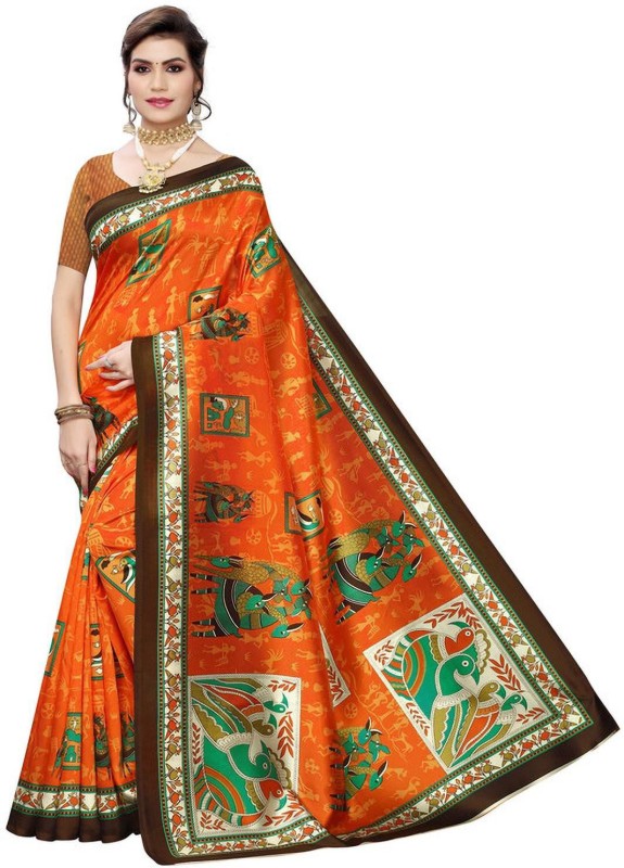 DESIMISSKART Printed Kanjivaram Art Silk, Cotton Silk Saree(Orange)