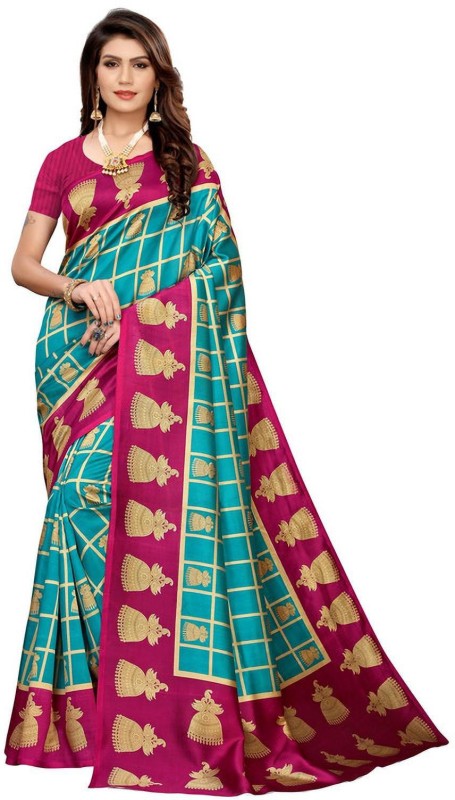 DESIMISSKART Printed Mysore Art Silk, Cotton Silk Saree(Multicolor, Light Blue, Pink)