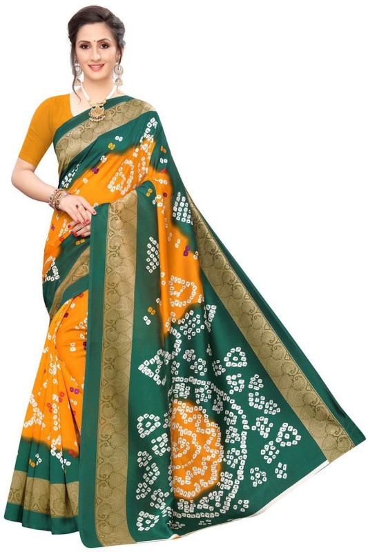 DESIMISSKART Printed Kalamkari Art Silk, Cotton Silk Saree(Orange, Light Green)