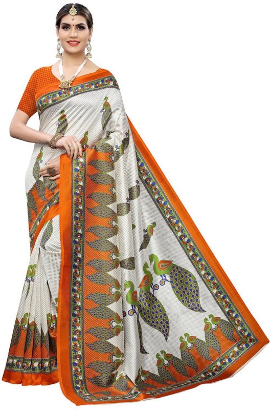 DESIMISSKART Printed Kanjivaram Art Silk, Cotton Silk Saree(Orange, Beige)
