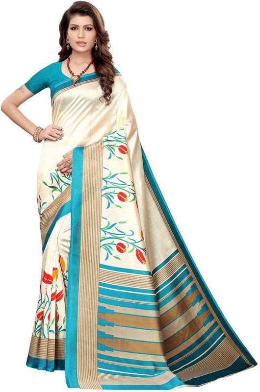 DESIMISSKART Printed Mysore Art Silk, Cotton Silk Saree(Light Blue, Beige)