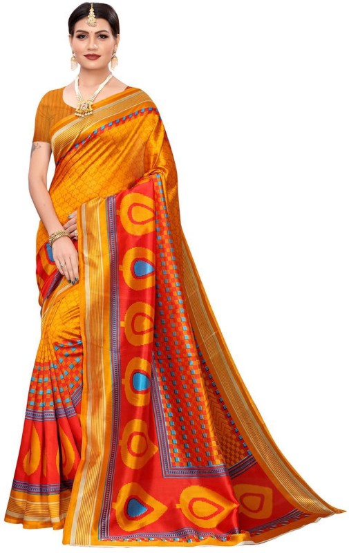 DESIMISSKART Printed, Geometric Print Kanjivaram Art Silk, Cotton Silk Saree(Orange, Yellow)