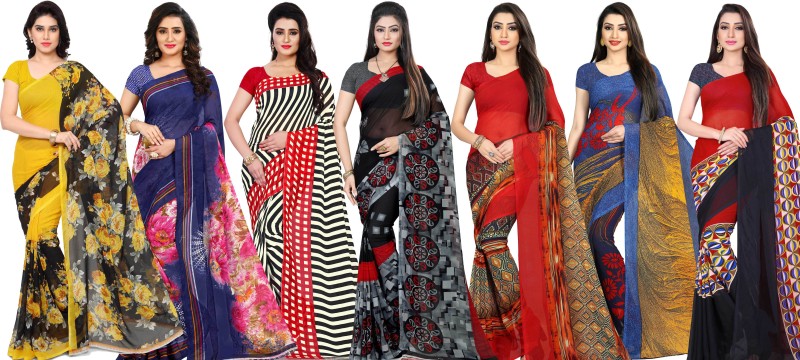 Anand Floral Print Daily Wear Georgette Saree(Pack of 7, Red, Blue, Black,...