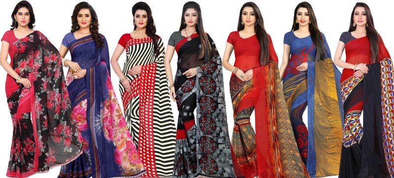 Anand Floral Print Daily Wear Georgette Saree(Pack of 7, Red, Blue, Black)
