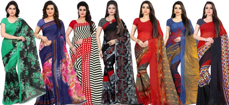 Anand Floral Print Daily Wear Georgette Saree(Pack of 7, Red, Green, Blue,...