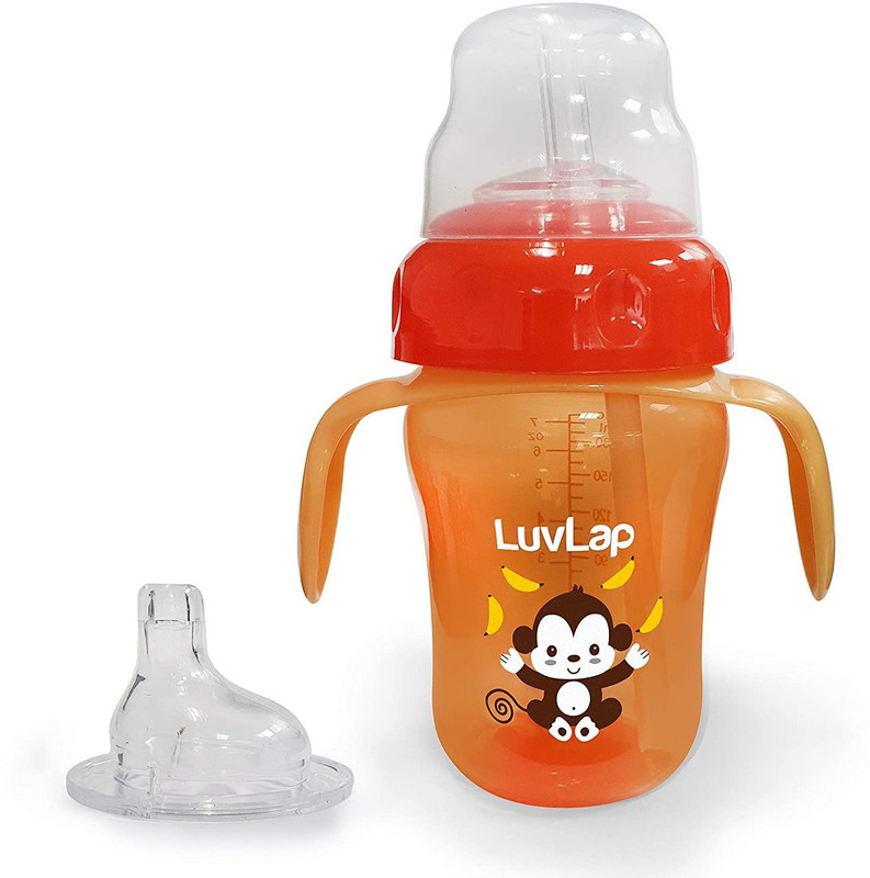 LuvLap Banana Time 210ml Anti Spill, Interchangeable Sipper / Sippy Cup with Soft Silicone Spout and Straw, 6m+(Orange)