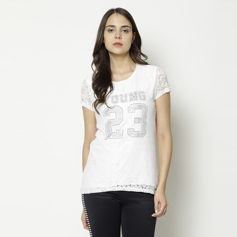 V2 Retail Limited Party Short Sleeve Printed Women White Top