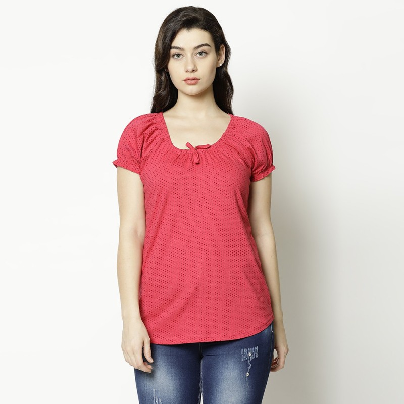 V2 Retail Limited Casual Half Sleeve Polka Print Women Pink Top