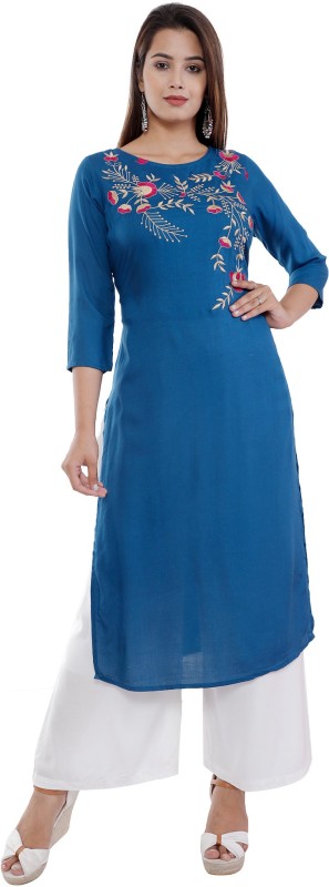 queen art fashion Women Embroidered Straight Kurta(Blue)