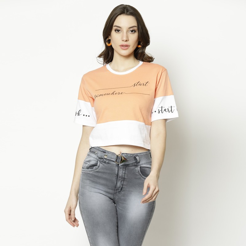 V2 Retail Limited Casual Half Sleeve Printed Women Orange Top