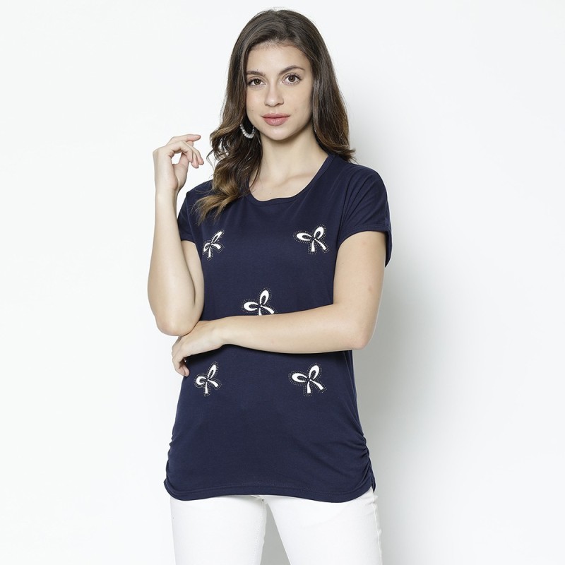 V2 Retail Limited Casual Half Sleeve Printed Women Blue Top