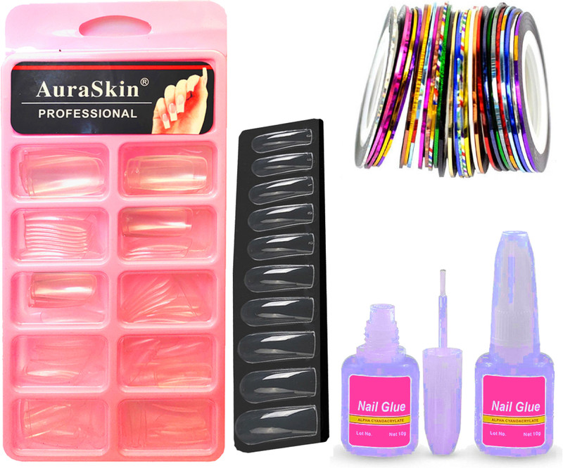 AuraSkin New Transparent 100pcs Multi size Artificial Nail Fake acrylic Nail Tips Best False Nails with 10ml Strong Nail Glue(multi color)