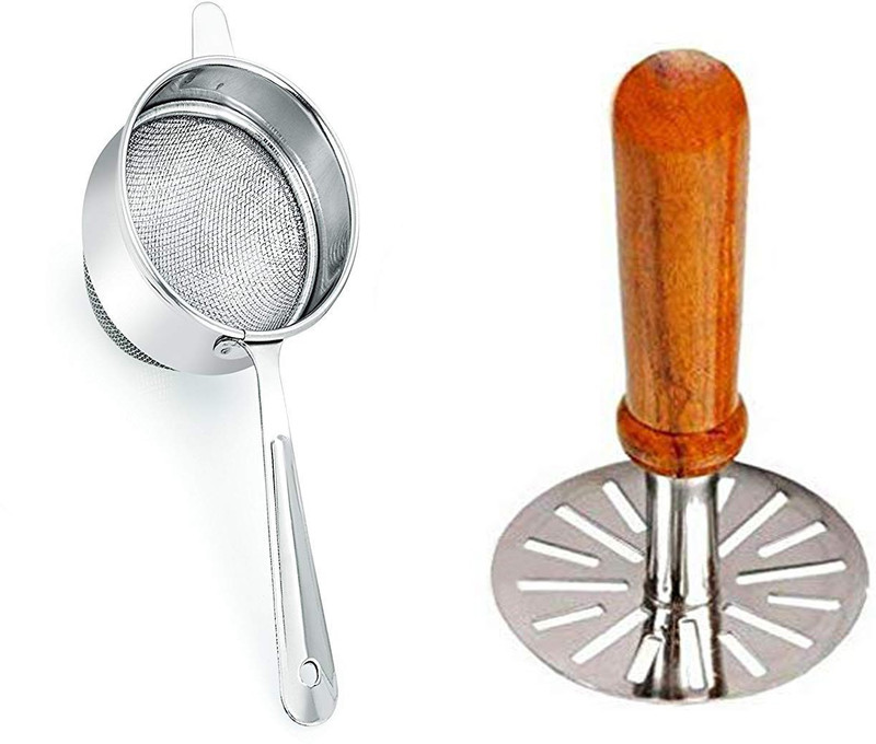 AXOLOTL High Quality Kitchen Combo Set ( Masher and Double Net Tea Sieve) (Pack of 2) Kitchen Tool Set(Silver, Brown, Masher, Strainer)
