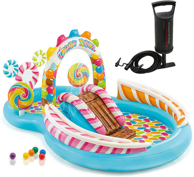 TUKAMCHA Inflatable Candy Zone Play Center Paddling Pool with air pump Games and Accessories - 57149 ( 9'8" X 6'3" X 4'3" )(Multicolor)
