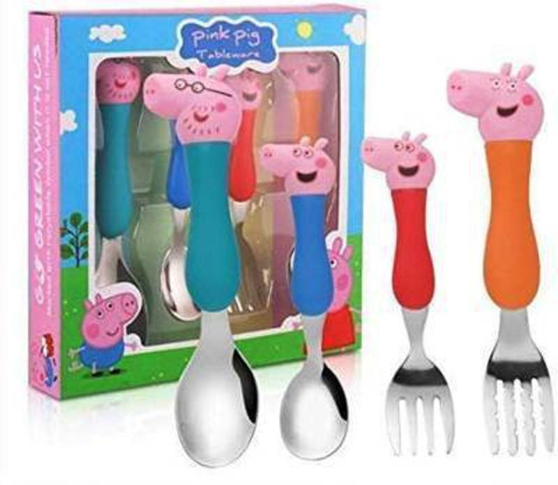 kuku Pig Cartoon Theme Stainless Steel Spoon & Fork Set of 4 pc for Kids Steel Cutlery Set(Pack of 4)