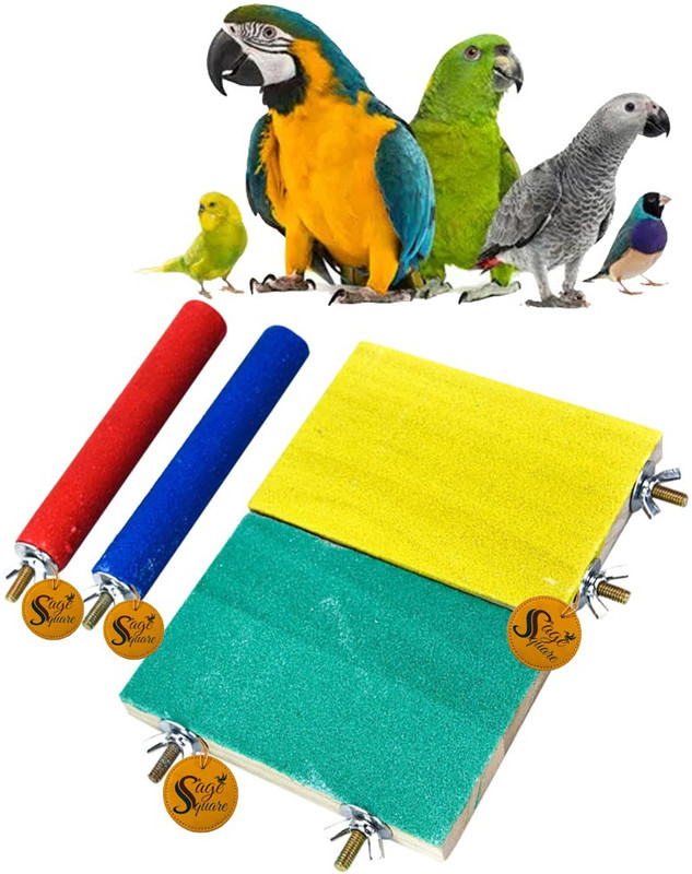 Sage Square Natural Wood Sand Platform & Perch Toys, cage accessory Ideal for Birds, Hamsters (Set of 4) Wooden Perch, Training Aid, Stick For Bird