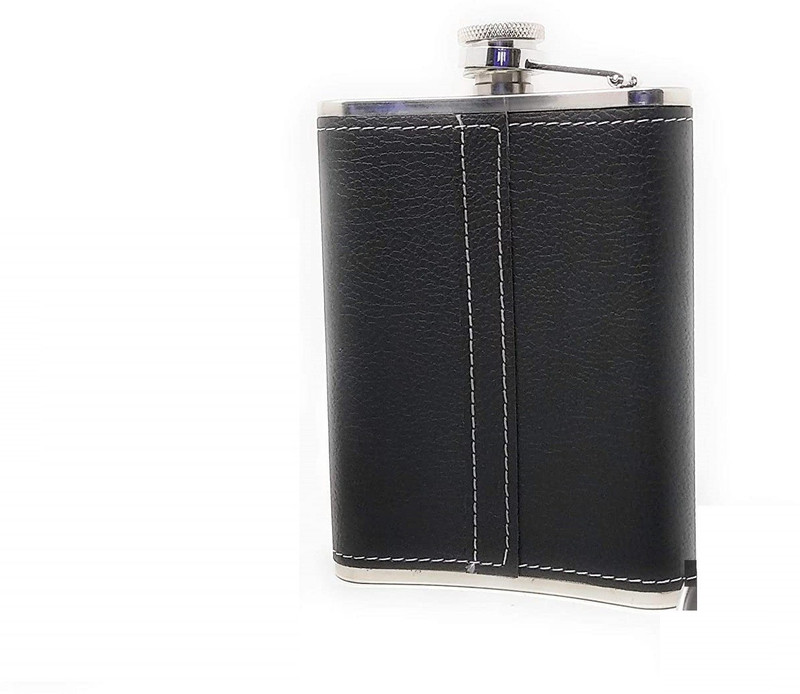 Nain International Leather Wrapped Stainless Steel Liquor Bottle for Men - Black (210 ml) Stainless steel Hip Flask(210 ml)
