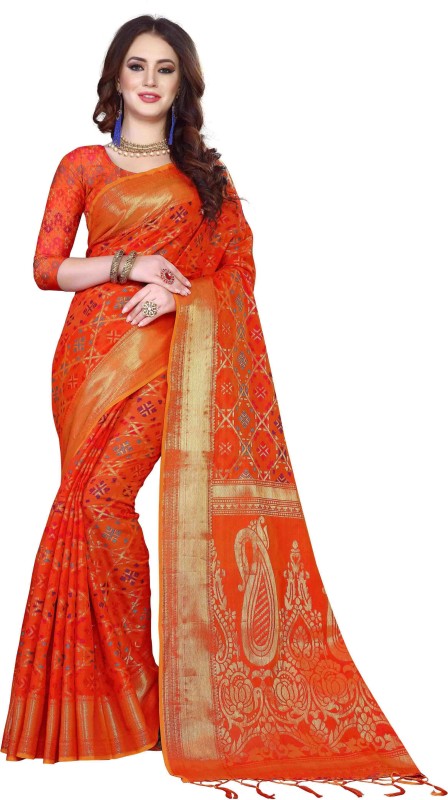 Vardan Ethnic Woven Kanjivaram Silk Blend Saree(Pack of 2, Orange)