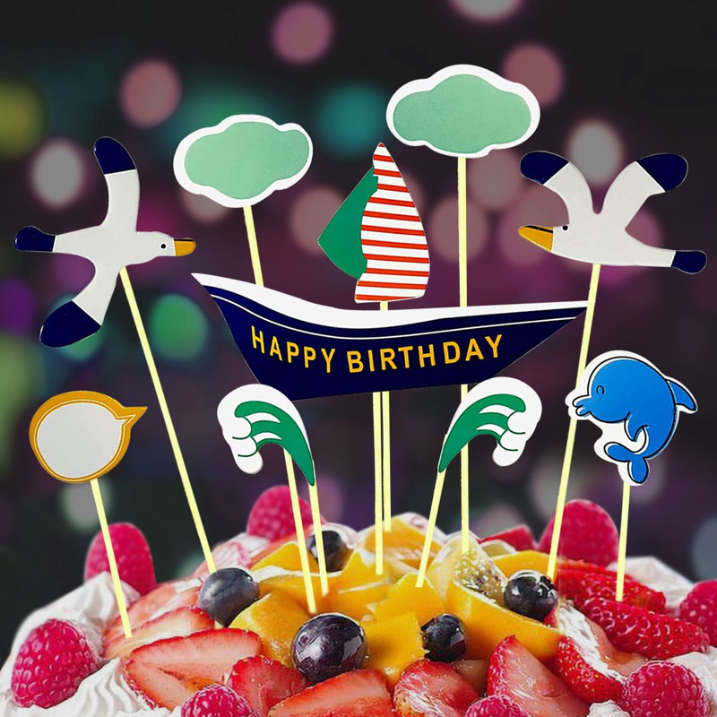 DECOR MY PARTY Happy Birthday Ship Cupcake Toppers for Birthday Decor Party / Kids Birthday Party Decoration Items / Cake Flags Supplies Cupcake Topper(Multicolor Pack of 11)