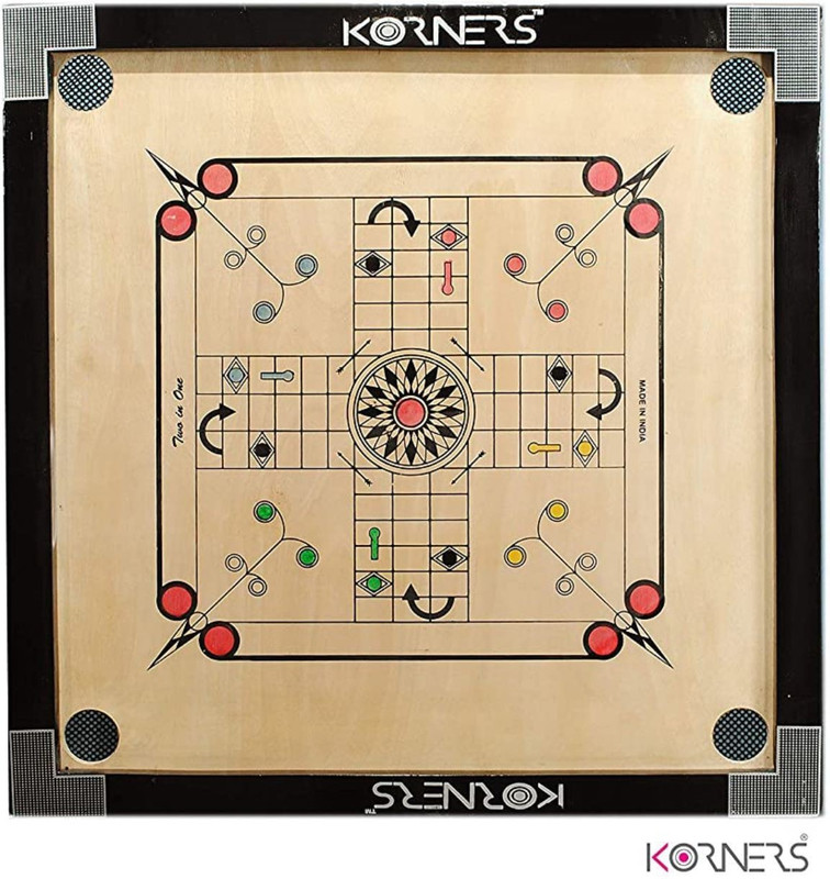 KORNERS Sky Medium Size Carrom with Ludo Board Including Coins, Striker, Powder 66 cm Carrom Board(Yellow)