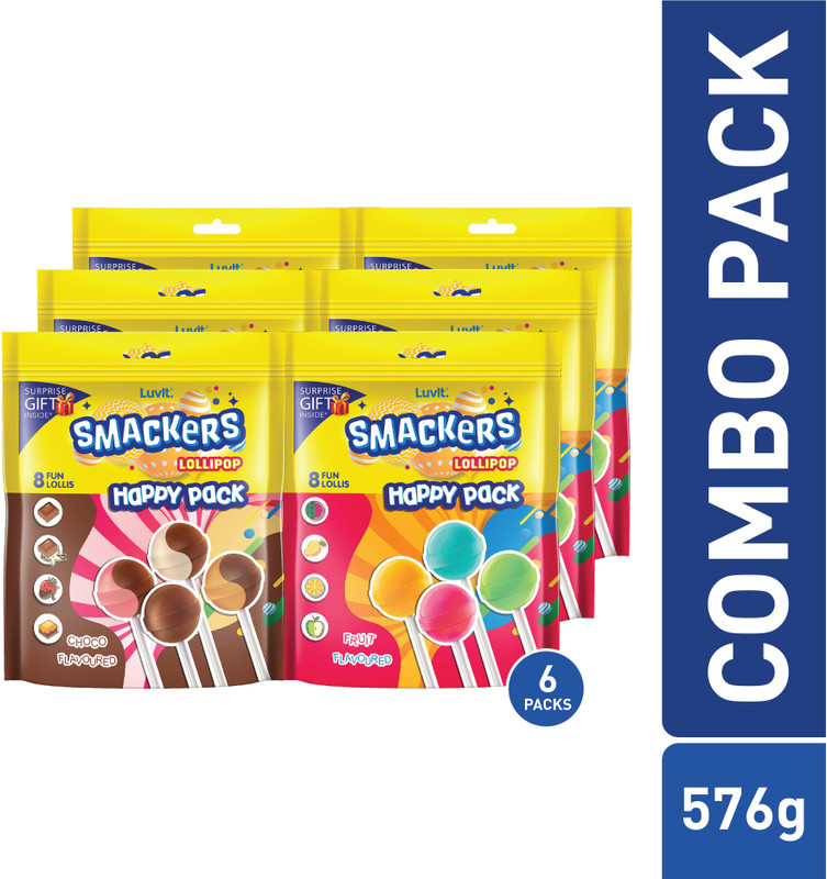 LuvIt Smackers Fruit and Chocolate Flavoured Lollipops Happy Pack Combo with Surprise Free Gift, 576g - Pack of 6 Chocolate, Fruit Lollipop(6 x 96 g)