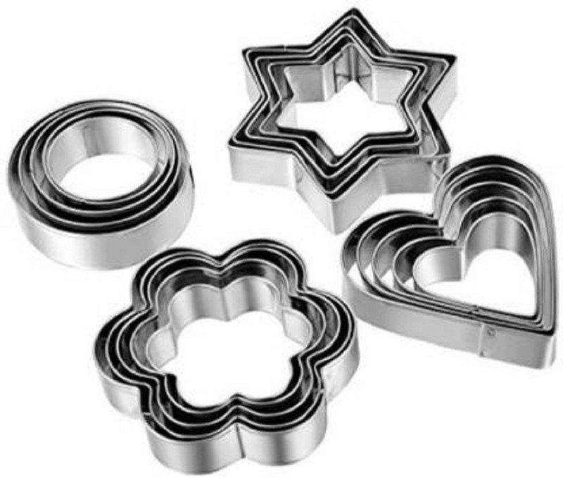 chopvio Cookie Cutter 12 Pcs Set Pastry Fruit Molds Stainless Steel Heart Flower Round Star Biscuit Mould Fondant Cutting Cutters With 4 Shape, Pieces Piece Cutter, Metal Cake Vegetable Set, Hearts Flowers Stars Silver (Pack of 12) Cookie Cutter(Pack of 12)