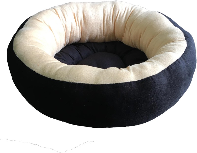 VetKart Velvet Round Bed with Reversible Cushion for Dog/Cat/Small Pets S Pet Bed(Black, Biege)