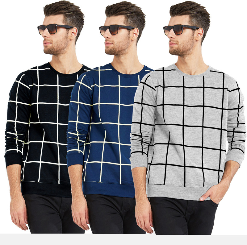 MANIAC Checkered Men Round Neck Dark Blue, Black, Grey T-Shirt(Pack of 3) MANIAC Checkered Men Round Neck Dark Blue, Black, Grey T-Shirt(Pack of 3)
