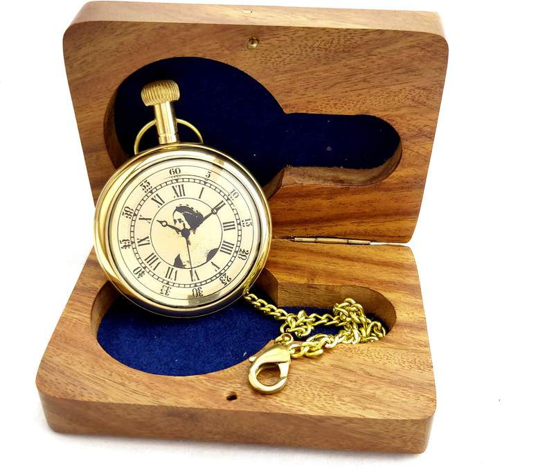 k.v handicrafts Antique Brass Analog Gandhi Watch / Pocket Watch With Stylish Wooden Box KVPW-BA-50-P-00006 Brass Antique Brass Pocket Watch Chain