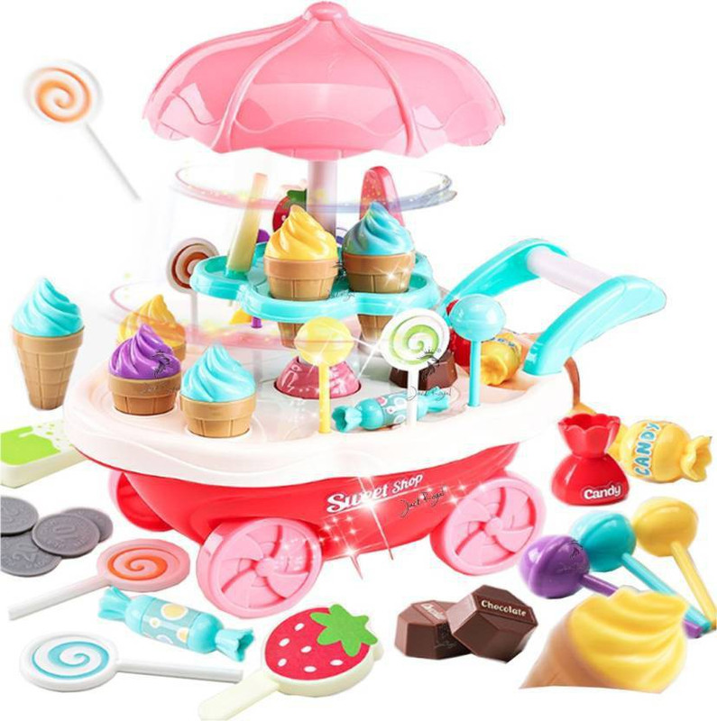 STYLO 30pcs Mini Sweet Cart Pretend Play Ice Cream Sweet Shop Lighting Music Children Educational Plastic Cosplay Kitchen Toys Set