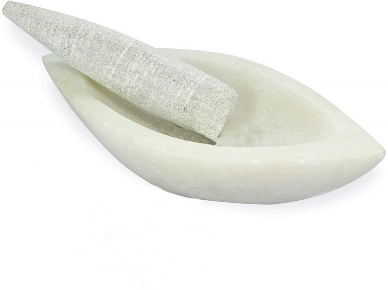 Feelorna White Marble Boat Shape Medicine Herb Crusher/Imam Dasta/Mortar and Pestle Set/Ohkli Musal/Kharal/Idi Kallu/Khal Musal/Khalbatta/Spice Grinder -7 Inch Marble Masher(Pack of 1)