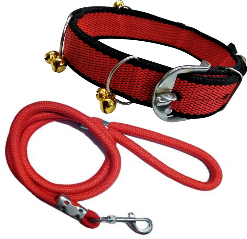 BODY BUILDING Nylon Belt Combo of Ghungroo with Lead 1.5m Lengthy Dog Collar & Leash(Medium, Black Red)