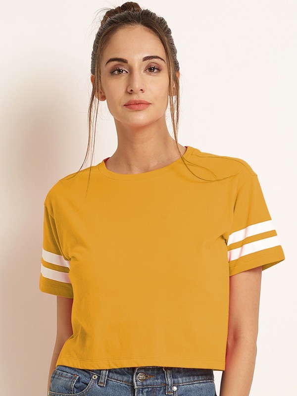 Elepants Casual Half Sleeve Solid Women Yellow Top