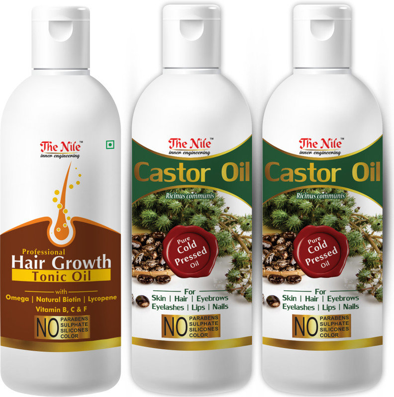 The Nile 100 % Pure and Natural Hair Growth Tonic For Hair Regrowth, Anti Hair Fall 100 ML + 100% Pure Castor Hair Oil, Cold Pressed, To Support Hair Growth 100 ML + 100% Pure Castor Hair Oil, Cold Pressed, To Support Hair Growth 100 ML (Set of 3 Bottle) (300 ML) Hair Oil(300 ml)